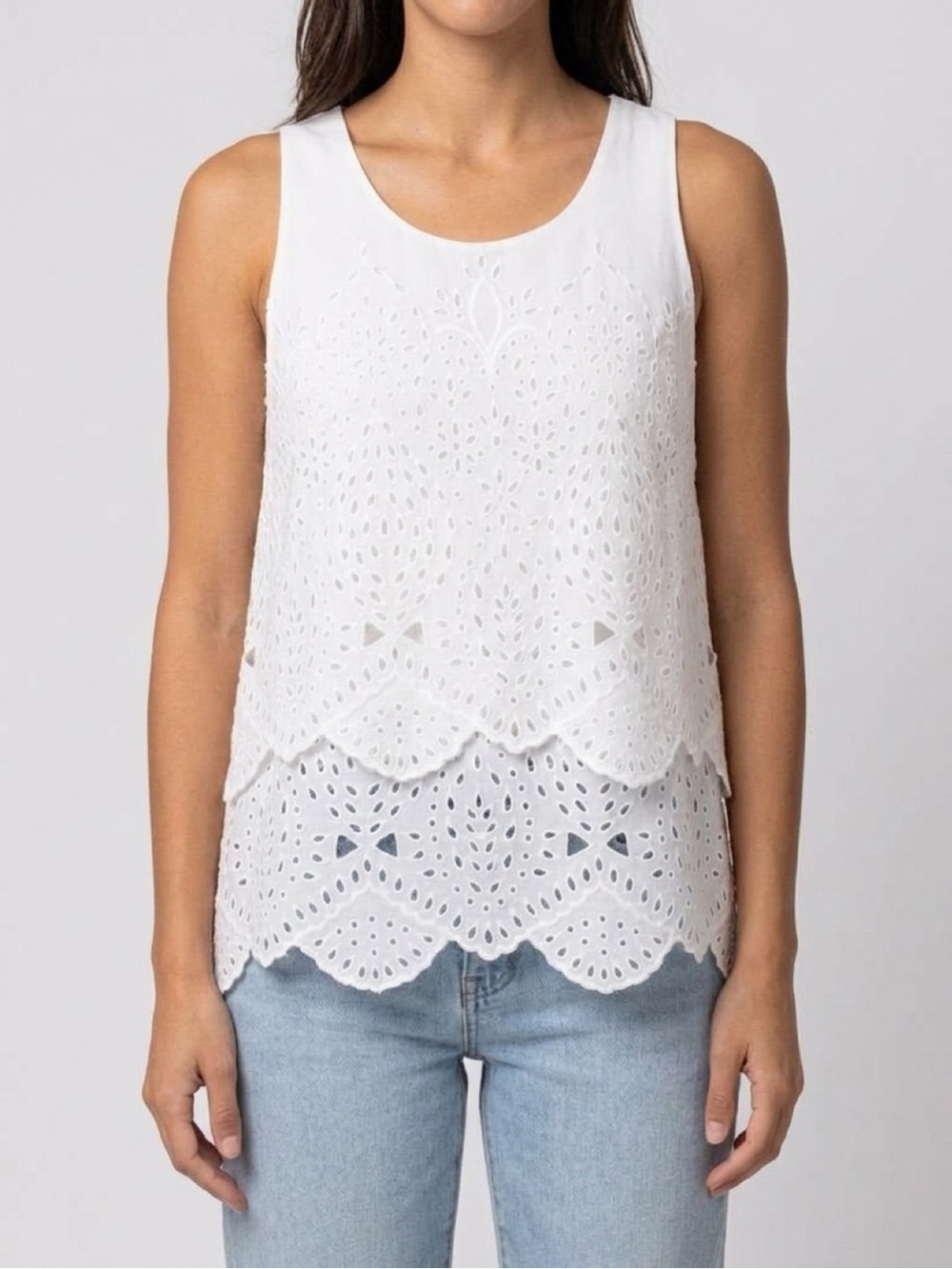 Cabi White Frolic Eyelet Lace Tiered Tank Top Size XS